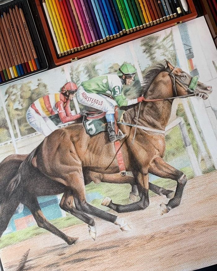 Escena de carrera de caballos con dos jockeys, en lápiz de color