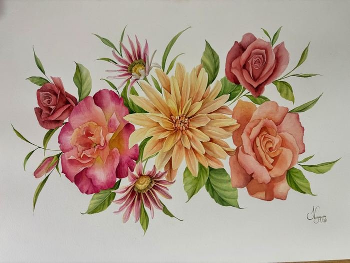 Acuarela de un ramo con rosas, dalias y margaritas