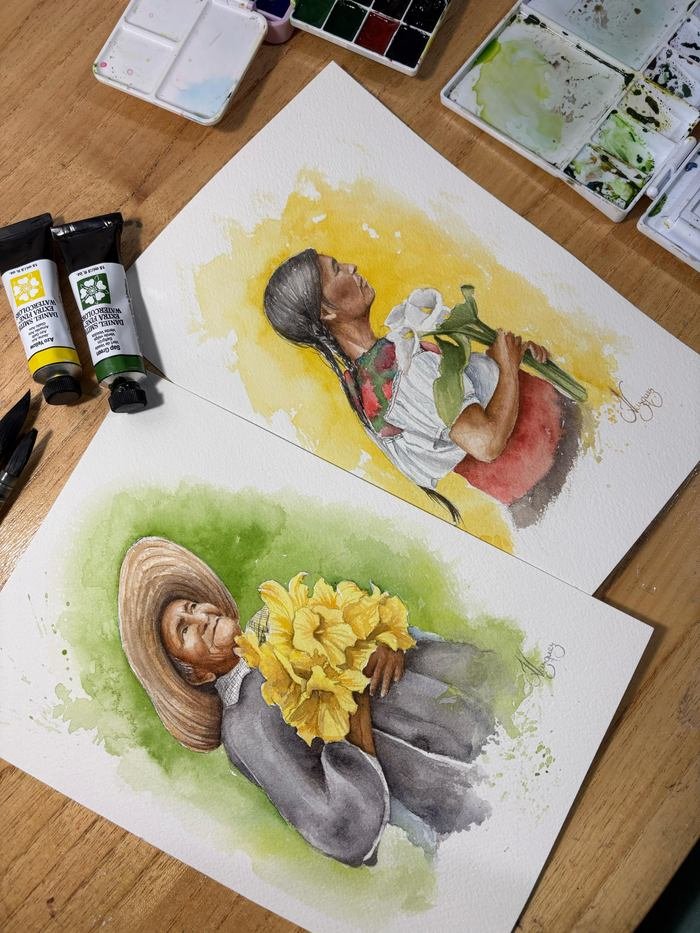 Dos retratos en acuarela sobre papel de mujeres cargando canastos de flores