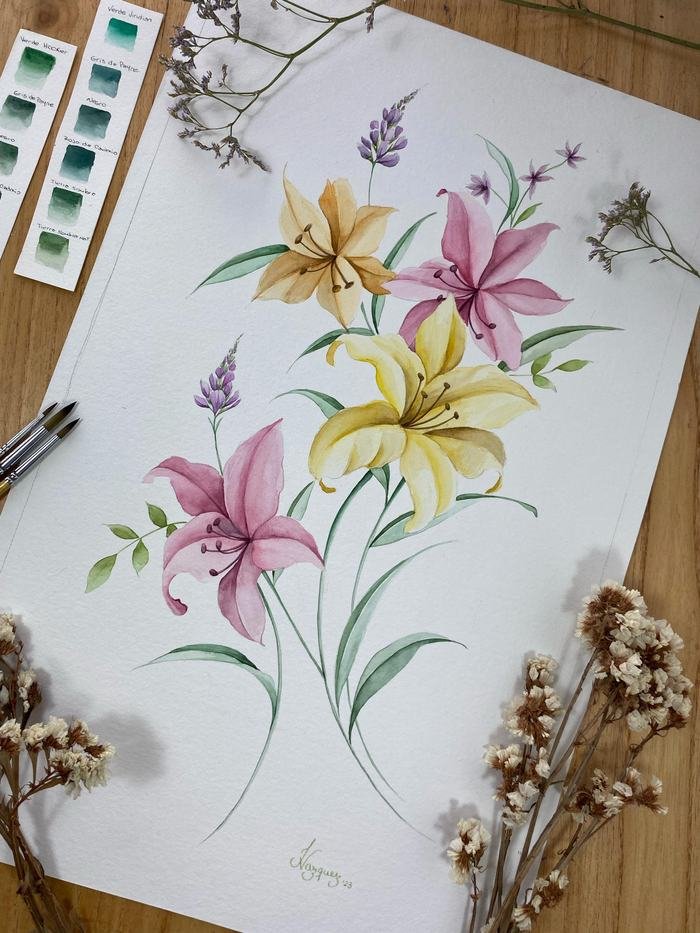 Lirios, acuarela de 35 × 50 cm