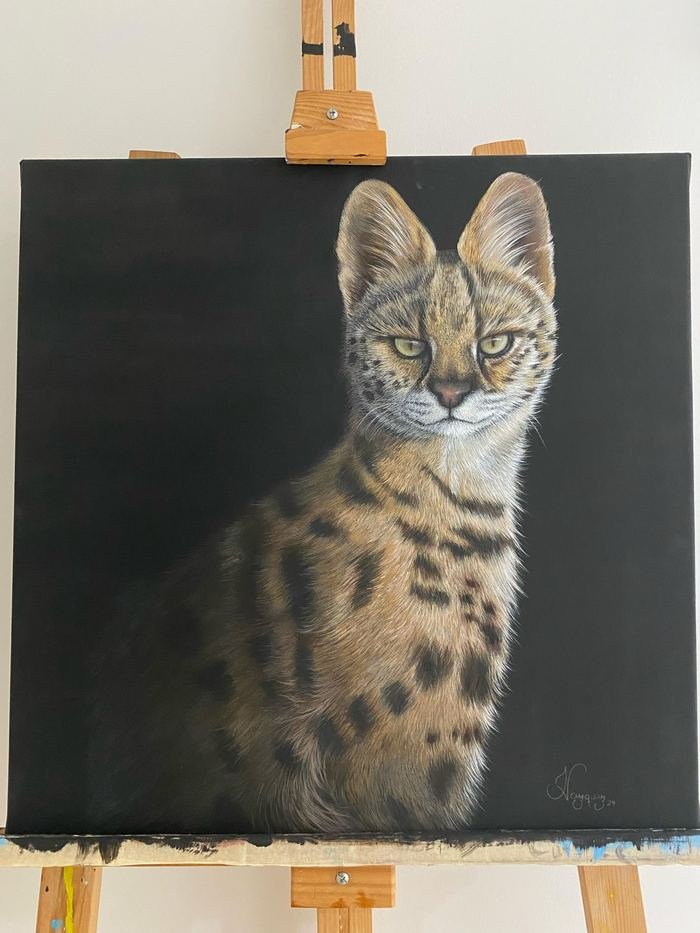 Acrílico de un serval sentado sobre fondo negro